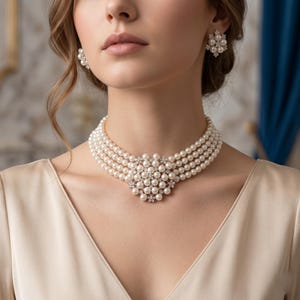 May include: A multi-strand pearl necklace and matching earrings. The necklace features a central cluster of pearls and small clear stones. The earrings are also pearl clusters with clear stones. The jewelry is worn on a person wearing a cream-coloured dress.