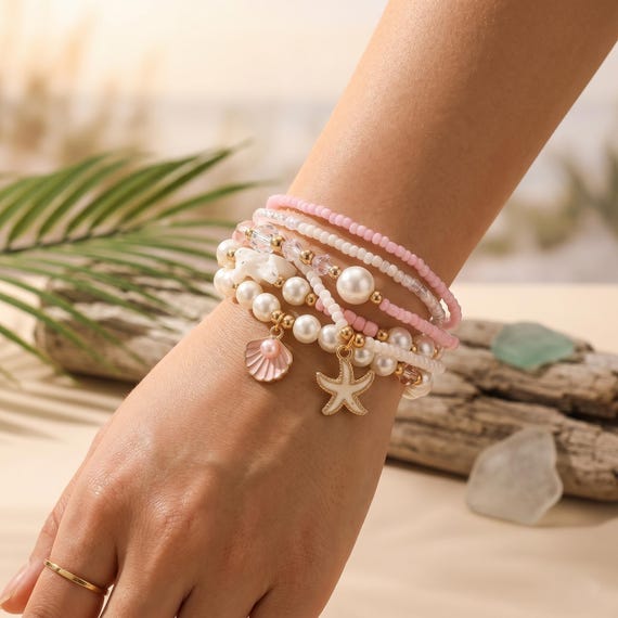 Handmade 5Pcs Boho  Pink Pearl Bracelet Set, Starfish Shell Charm Beach Jewelry, Stackable Beaded Bracelets, Bracelet Gift for Women