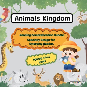 Pode incluir: Um cartaz educativo ilustrado "Animals Kingdom" com animais de desenho animado: girafa, rinoceronte, veado, leão, elefante, macaco e papagaio. Projetado para leitores iniciantes de 4 a 6 anos, promovendo a compreensão da leitura.