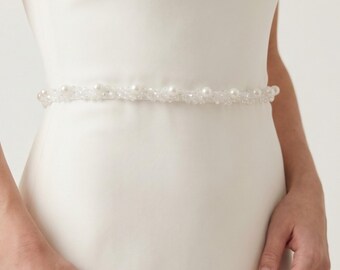 Ceinture de mariée fine en cristal perlé, ceinture de robe de mariée en satin ivoire, accessoire de taille perlé fait main, taille personnalisée 14-60 pouces