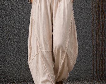 Cotton Boho Cropped Pants, Loose Fit Casual Trousers, Spring Summer Style
