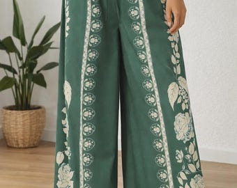 Boho Tropische Palazzohose | Hohe Taille-Strandhose mit weitem Bein