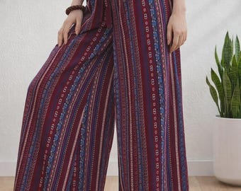 Pantaloni palazzo boho con stampe miste / Pantaloni a gamba larga con nodo a nappina