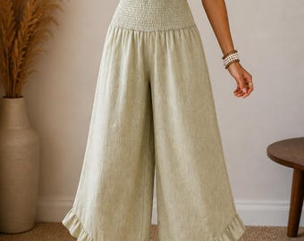 Pantalones anchos y fluidos para mujer, estilo gaucho con bajo de volantes y cintura alta, ropa informal para vacaciones.