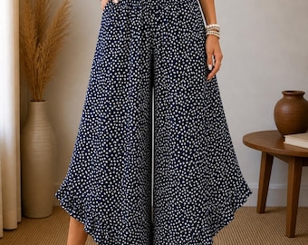 Women’s Boho Floral Wide Leg Pants, Ruffled Hem Black Ditsy Summer Pants
