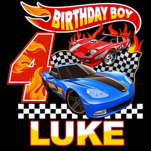 May include: A black graphic design featuring a blue and red race car, flames, a checkered flag, and the text "BIRTHDAY BOY". The number "4" is displayed with flames, and the name "LUKE" is in yellow.
