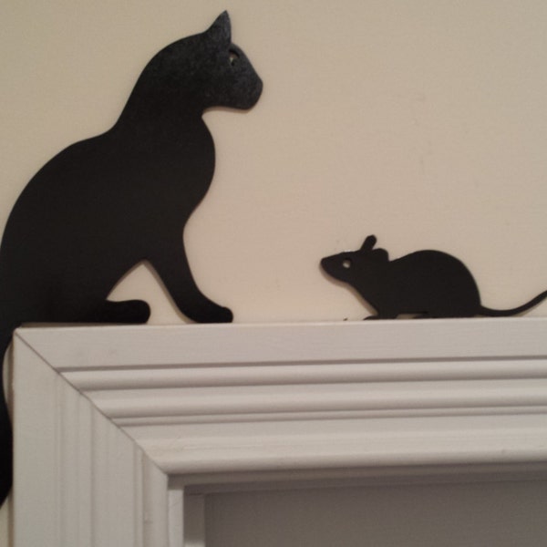 Cat and Mouse Silhouettes  Door Topper / Window Topper / Wall hanging Handcrafted and Painted. Perfect Gift for the Cat Lover! - 2 Piece Set