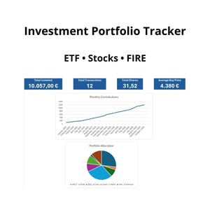 May include: A white graphic with the text "Investment Portfolio Tracker" and data visualizations. The image includes charts showing total invested, transactions, shares, and average buy price. It also features a line graph and a pie chart for portfolio allocation.