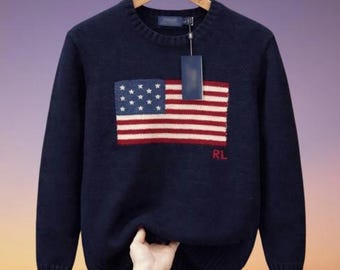 R L  Navy US Flag Knit Sweater Men's Crewneck Classic Style