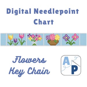 Könnte beinhalten: Digitales Kreuzstichmuster für einen Blumen-Schlüsselanhänger. Das Design zeigt eine Reihe von Kreuzstichblumen, darunter Tulpen, sowie Blumen in einer Vase und einem Korb. Der Text "Flowers Key Chain" steht darunter.