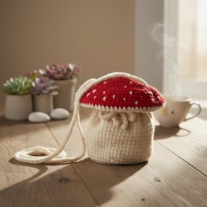 May include: A handmade crochet mushroom-shaped bag with a red cap dotted with white spots and a cream-colored stem. The bag has a drawstring closure and a long cream-colored strap. The bag is sitting on a wooden surface.