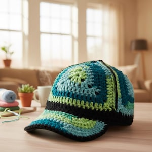 May include: A handmade crochet baseball cap in shades of teal, green, and black. The cap features a striped pattern on the brim and a textured design on the crown. The cap is displayed on a light-colored wooden surface.