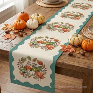 Könnte beinhalten: Ein cremefarbener Tischläufer mit gewelltem blaugrünem Rand und wiederkehrenden Illustrationen von Kürbissen, Zierkürbissen und Herbstblättern. Der Läufer liegt auf einem Holztisch mit echten orangefarbenen und weißen Kürbissen und Laub.