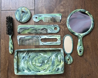 Art Deco 1930s Green Vanity Set Marbled Bakelite Vintage Decorative Piece Collectable