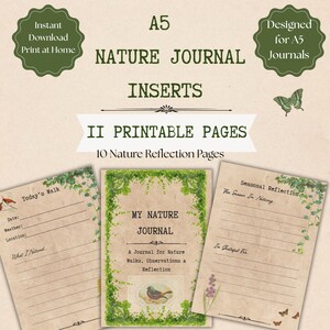 May include: A set of A5 nature journal inserts featuring 11 printable pages. The pages have a tan background with green vine borders, bird illustrations, and text including Today's Walk, My Nature Journal, and Seasonal Reflection for notes.