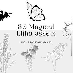 Op de afbeelding: Zwart-wit illustraties van een bij, vlinder, sterrenuitbarsting, lavendel, paardenbloemen en een fee. De tekst luidt "30 Magical Litha assets" en "PNG + Procreate Stamps".