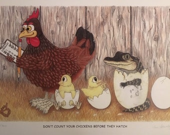 Chicken Art, Alligator Idiom Print,"Don't Count Your Chickens Before They Hatch," Educational, Philosophical Art