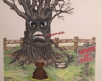 Tree Art Print, Idioms, Dog Art, "Barking Up The Wrong Tree"