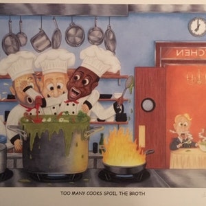 Impresión de arte de cocina, lenguaje "Demasiados cocineros estropean el caldo", arte culinario