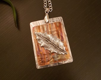Flame Painted Copper Necklace with Leaf Charm