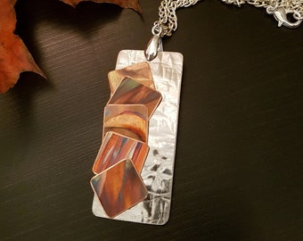 Flame Painted Copper and Stainless Steel Necklace in Abstract Square Design