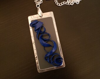 Tag Necklace in Gray with Royal Blue Swirl Charm