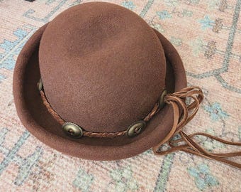 ヴィンテージ ウエスタントゥーカン ブラウン ウールフェルト 山高帽 ワイドブリム 編み込みストラップ
