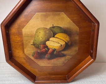 Bandeja de madera vintage con fruta. Decoración boho de mediados de siglo, estilo grandmacore. 31,75 cm (12,5 pulgadas).