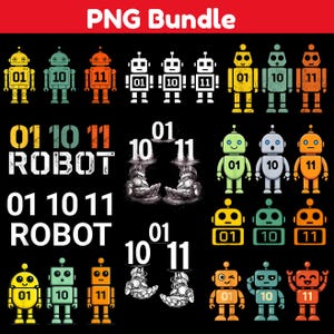 May include: A black background features a PNG bundle of robot graphics in various styles and colors. The robots are yellow, green, orange, and white, with numbers 01, 10, and 11. Text includes "PNG Bundle" and "ROBOT".