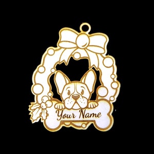 Personalized BOSTON TERRIER Dog and Bone Wood Christmas Ornament - Custom Pet Gift Customizable Memorial Wreath Pet Love