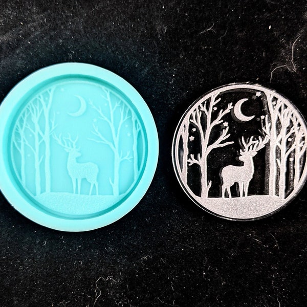 Shiny Starry Night DEER Scene Etched Silicone Mold - 2, 2.25, or 2.5 Inch - For Resin Wax Clay Metal - Glossy Finish - Crafts Pendant Charm