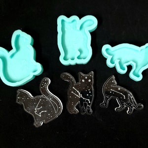 May include: Five silicone cat molds in various poses, and four clear resin cat charms with constellation designs.