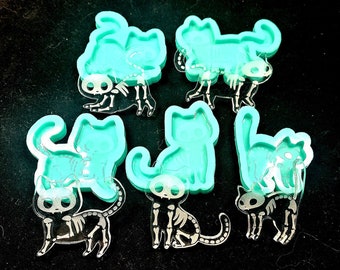 Shiny SKELETON CATS Etched Silicone Mold - 2.5 Inch, 5 Designs - Resin Clay Glossy Crafts Jewelry Making Pendant Charm DIY Spooky Halloween