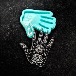 Shiny PALMISTRY HAND Etched Silicone Mold - 3 Sizes ( 2.5, 3, 3.5 Inch ) - Crafts Jewelry Making Pendant Charm Resin Wax Clay Glossy Tarot