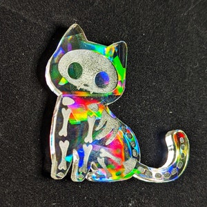 Holographic Sitting SKELETON CAT Etched Silicone Mold - 2.5 Inch - Holo Resin Clay Glossy Crafts Jewelry Making Pendant Charm DIY Halloween