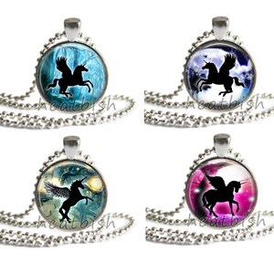 UNICORN DREAMS Fantasy Glass Charm Silver Pendant Accessory - Necklace Keychain Cell Phone Strap Magnet Hair Clip - Neon Kawaii Silhouette