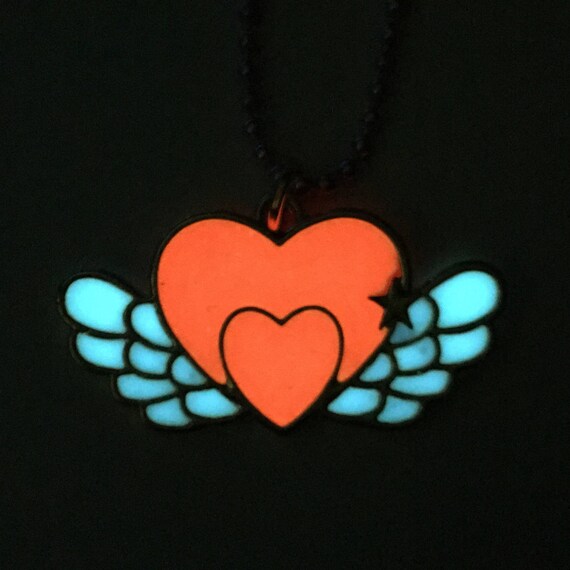 Fairy Winged HEARTS GLOW in the DARK Gold Charm Necklace Pink
