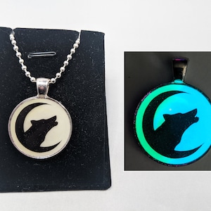 GLOW in the Dark Howling Wolf & Crescent Moon Silhouette Pendant Necklace - Green, Aqua, Blue, Yellow, Orange, Red, White, Purple, Pink