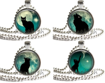 Black Cat & Full Moon and Stars Teal Pendant Charm Accessory -- Necklace, Keychain, Magnet, Cell Phone Strap -- Gothic Wiccan Halloween
