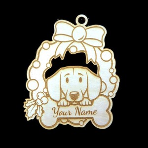 Personalized DACHSHUND Dog and Bone Wood Christmas Ornament - Custom Pet Gift Customizable Memorial Wreath Pet Love
