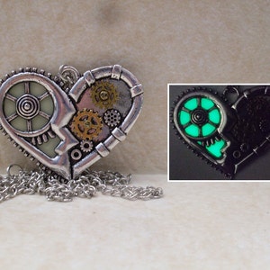 STEAMPUNK HEART GLOW in the Dark Pendant Necklace - Antique Silver Cyberpunk Cute Gothic Clock Gears Filigree Green Blue Aqua Chain Charm
