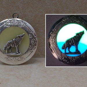 May include: A silver locket necklace with a wolf howling at the moon design. The locket glows in the dark, with a green and blue glow.
