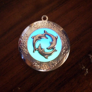 DOLPHIN Ring GLOW in the DARK Round Silver Photo Locket Necklace - Blue Green Pendant Charm Beach Ocean Whale Nature Sea Life  Steampunk