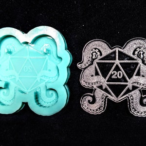 Molde de silicone brilhante D20 com tentáculos gravados - resina cera argila metal - acabamento brilhante - dados artesanato jóias fazendo pingente charme DIY D&D