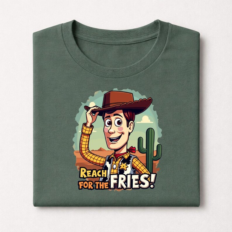 Op de afbeelding: Groen t-shirt met een cartoon illustratie van een cowboy met een bruine hoed, geel geruit overhemd en rode halsdoek. De tekst "REACH FOR THE FRIES!" staat onder de cowboy.