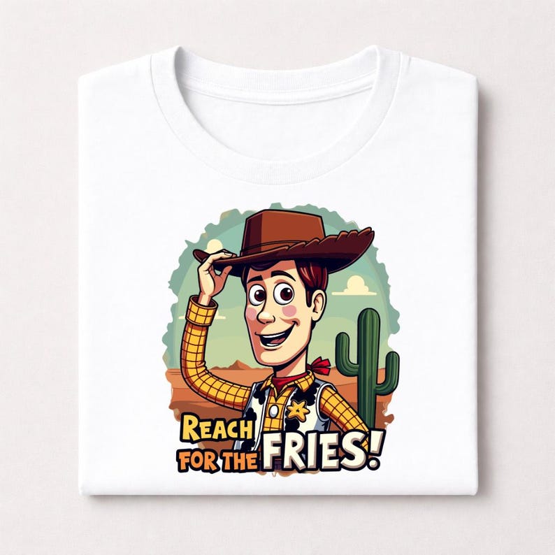Op de afbeelding: Wit T-shirt met een cartoon cowboy illustratie. De cowboy draagt een bruine hoed, geel geruit overhemd en rode halsdoek. De tekst "REACH FOR THE FRIES!" wordt weergegeven tegen een woestijnachtergrond met een cactus.
