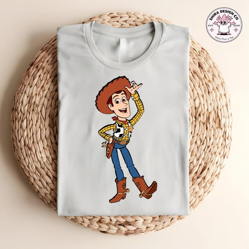 May include: A light gray t-shirt featuring a cartoon illustration of Woody from Toy Story. Woody is depicted in his cowboy attire, including a brown hat, yellow plaid shirt, blue jeans, and brown boots. The shirt has a crew neck.