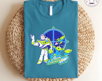 Buzz Lightyear Star Command T-Shirt, Toy Story Disney Pixar Space Ranger Graphic Tee with Aliens, Retro Cartoon Movie Shirt