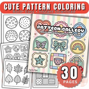 May include: A digital coloring book titled Pattern Gallery featuring 30 pages of bold and easy designs. The cover displays colorful illustrations of a butterfly, bow, rainbow, star, and teacup, while black and white pages show leaves and icons.