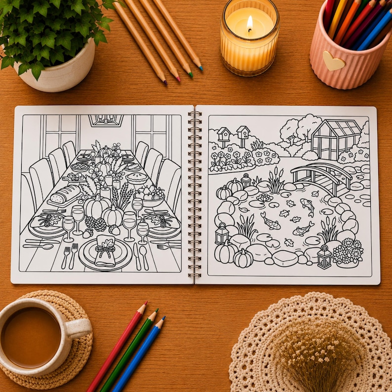 May include: A spiral-bound coloring book open to two pages featuring black and white line art. The left page shows a dining table set for a feast with pumpkins and place settings. The right page depicts a garden pond with koi fish and a bridge.